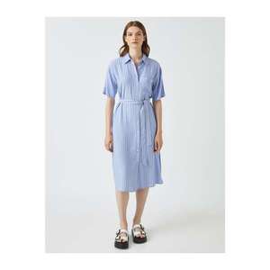 Koton Women's BLUE STRIPED Striped Dress Shirt Collar Short Sleeve Belted vyobraziť