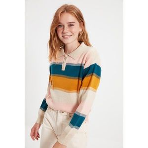 Trendyol Powder Color Block Polo Collar Knitwear Sweater vyobraziť