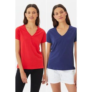 Trendyol Navy-Red 100% Cotton Single Jersey V Neck 2 Pack Knitted T-Shirt vyobraziť
