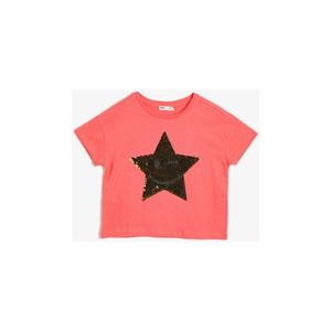 Koton Girl's Red Cotton Soft Fabric Sequin Sleeve Ruffled Short Sleeve T-Shirt vyobraziť