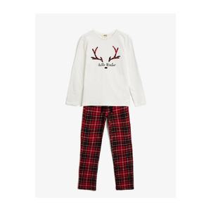 Koton Girl's Red 100% Cotton Crew Neck Plaid Pajamas Set vyobraziť