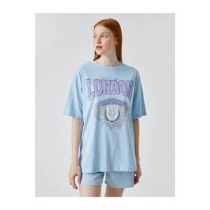 Koton Women's BLUE Patterned T-Shirt Crew Neck Cotton vyobraziť