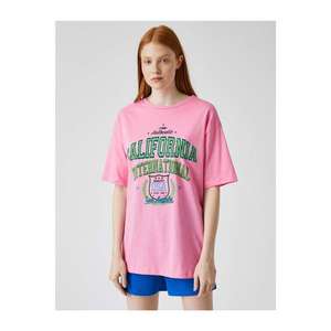 Koton Women's PINK Patterned T-Shirt Crew Neck Cotton vyobraziť