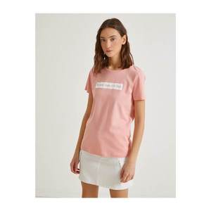 Koton Women's PINK Letter T-Shirt Printed Short Sleeve Cotton vyobraziť