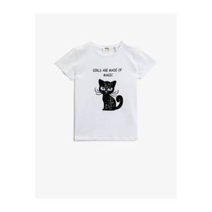 Koton Girl's Ecru Crew Neck Printed Short Sleeved T-shirt vyobraziť