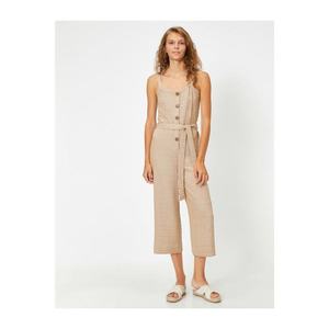 Koton Women's Brown Thick Strapped Buttoned Striped Jumpsuit vyobraziť