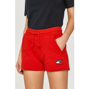 Šortky Tommy Jeans dámske, červená farba, jednofarebné, vysoký pás vyobraziť