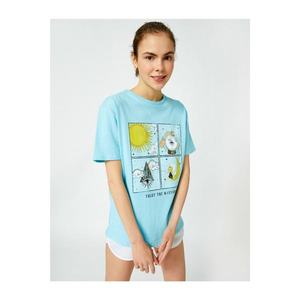 Koton Women's Blue Printed Crew Neck Cotton T-Shirt vyobraziť