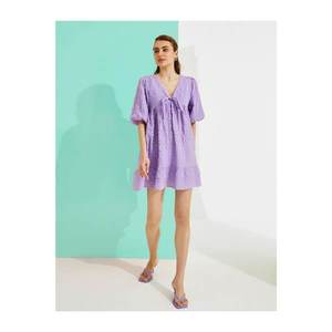Koton Women's Purple V-Neck Dress Ribbon Detail Short Sleeve Cotton vyobraziť