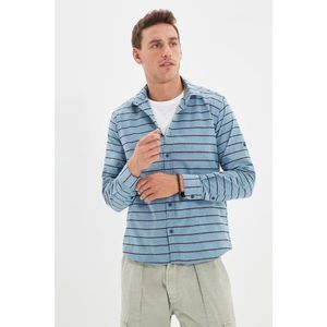 Trendyol Blue Men's Slim Fit Shirt Collar Cross Striped Long Sleeve Epaulette Shirt vyobraziť