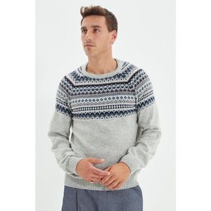Trendyol Gray Men's Slim Fit Crew Neck Jacquard Paneled Knitwear Sweater vyobraziť