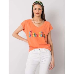 Orange t-shirt with a colorful print vyobraziť