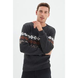 Trendyol Anthracite Men's Slim Fit Crew Neck Jacquard Paneled Knitwear Sweater vyobraziť