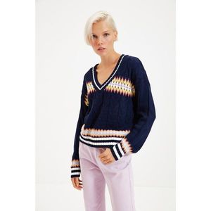 Trendyol Navy Blue Jacquard V Neck Knitwear Sweater vyobraziť
