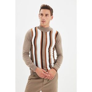 Trendyol Ecru Men's Slim Fit Half Turtleneck Striped Sweater vyobraziť