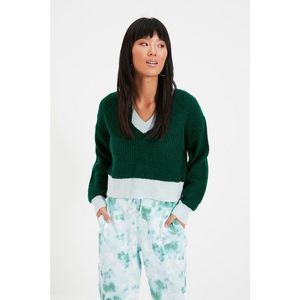 Trendyol Green Color Block Crop V Neck Knitwear Sweater vyobraziť