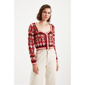 Trendyol Claret Red Jacquard Crop Knitwear Cardigan vyobraziť