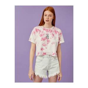 Koton Women's Pink Patterned Crew Neck Cotton T-Shirt vyobraziť