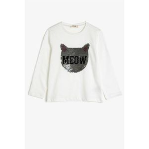 Koton Girl's Ecru Cotton Crew Neck Sequin Short Sleeve T-shirt vyobraziť