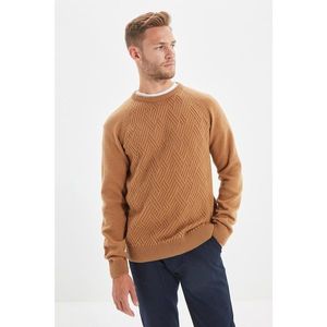 Trendyol Camel Men Slim Fit Raglan Sleeve Textured Crew Neck Knitwear Sweater vyobraziť