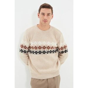 Trendyol Beige Men's Slim Fit Crew Neck Jacquard Paneled Knitwear Sweater vyobraziť