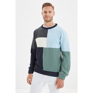 Trendyol Navy Blue Men's Slim Fit Crew Neck Paneled Knitwear Sweater vyobraziť