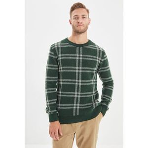Trendyol Dark Green Men's Slim Fit Crew Neck Plaid Knitwear Sweater vyobraziť