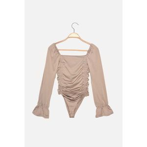 Trendyol Mink Pleated Balloon Sleeve Fitted Knitted Body vyobraziť