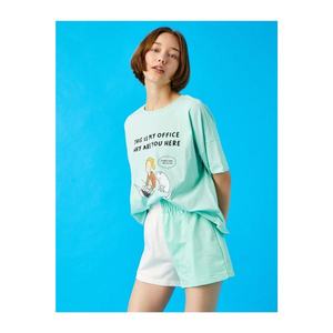 Koton Women's Mint Green Printed T-Shirt Crew Neck Cotton vyobraziť