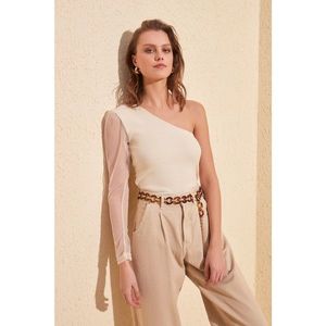 Trendyol Ekru Single Arm Tulle Detailed Fitilli Knitted Blouse vyobraziť