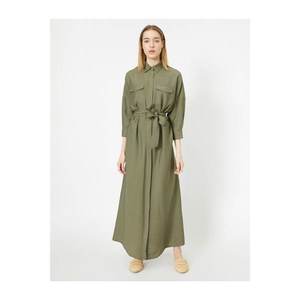 Koton Women Green Shirt Collar Waist Tied Maxi Dress vyobraziť