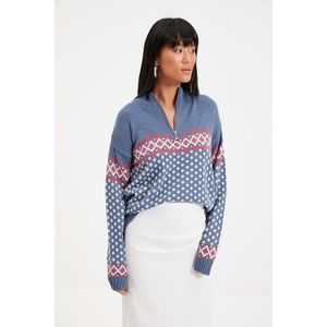 Trendyol Indigo Zipper Detailed Jacquard Knitwear Sweater vyobraziť