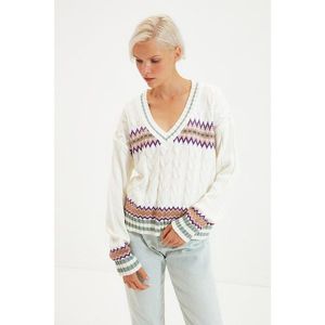 Trendyol Ecru Jacquard V Neck Knitwear Sweater vyobraziť