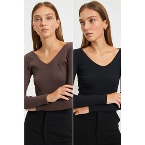 Trendyol Black-Brown Crop 2-Pack Knitted Blouse vyobraziť