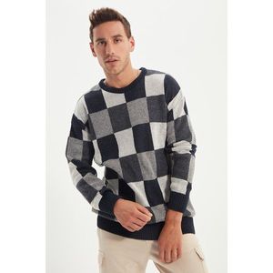 Trendyol Navy Blue Men's Oversize Crew Neck Checked Knitwear Sweater vyobraziť