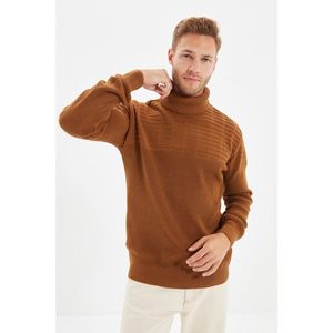 Trendyol Camel Men's Slim Fit Turtleneck Textured Paneled Knitwear Sweater vyobraziť