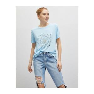 Koton Women's Blue Printed Crew Neck Short Sleeve T-Shirt vyobraziť