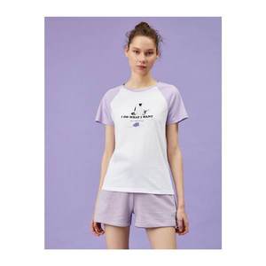 Koton Women's Ecru Lilac Printed Color Block Cotton T-Shirt vyobraziť