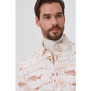 Bavlnená košeľa Desigual pánska, krémová farba, voľný strih, s klasickým golierom vyobraziť