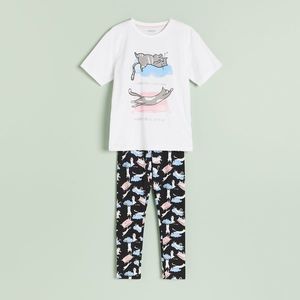 Reserved - Dvojdielne pyžamo s potlačou s motívom mačiek - Biela vyobraziť