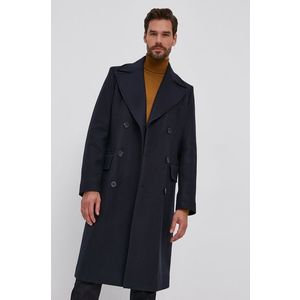 Kabát Boss pánsky, tmavomodrá farba, prechodný, dvojradový vyobraziť