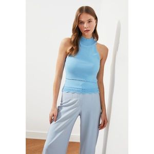 Trendyol Knitwear Blouse with Light Blue Halter Neck Ajur vyobraziť