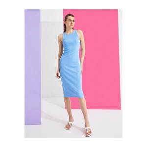 Koton Women's BLUE Ribbed Dress Midi Length Cotton vyobraziť