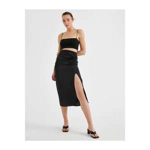 Koton Women's BLACK Slit Skirt Midi Length Pleated vyobraziť