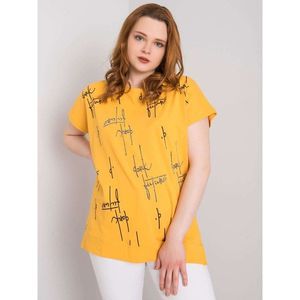 Dark yellow plus size cotton blouse with inscriptions vyobraziť