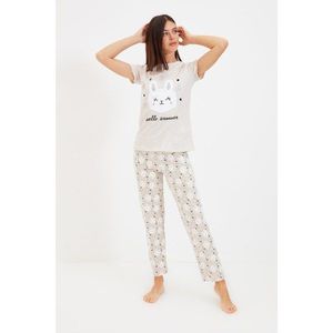 Trendyol Beige Animal Pattern Knitted Pajamas Set vyobraziť