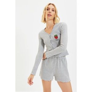 Trendyol Gray Strawberry Printed Camisole Knitted Pajamas Set vyobraziť