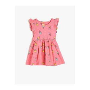 Koton Girl Pink Ice Cream Patterned Sleeves Ruffled Waist Pleated Dress vyobraziť