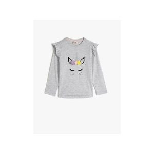 Koton Girl's Gray Glittery Unicorn Printed Pompom Ruffle Long Sleeve T-Shirt vyobraziť