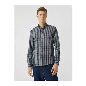 Koton Men's Navy Blue Check Cotton Classic Collar Long Sleeve Shirt vyobraziť